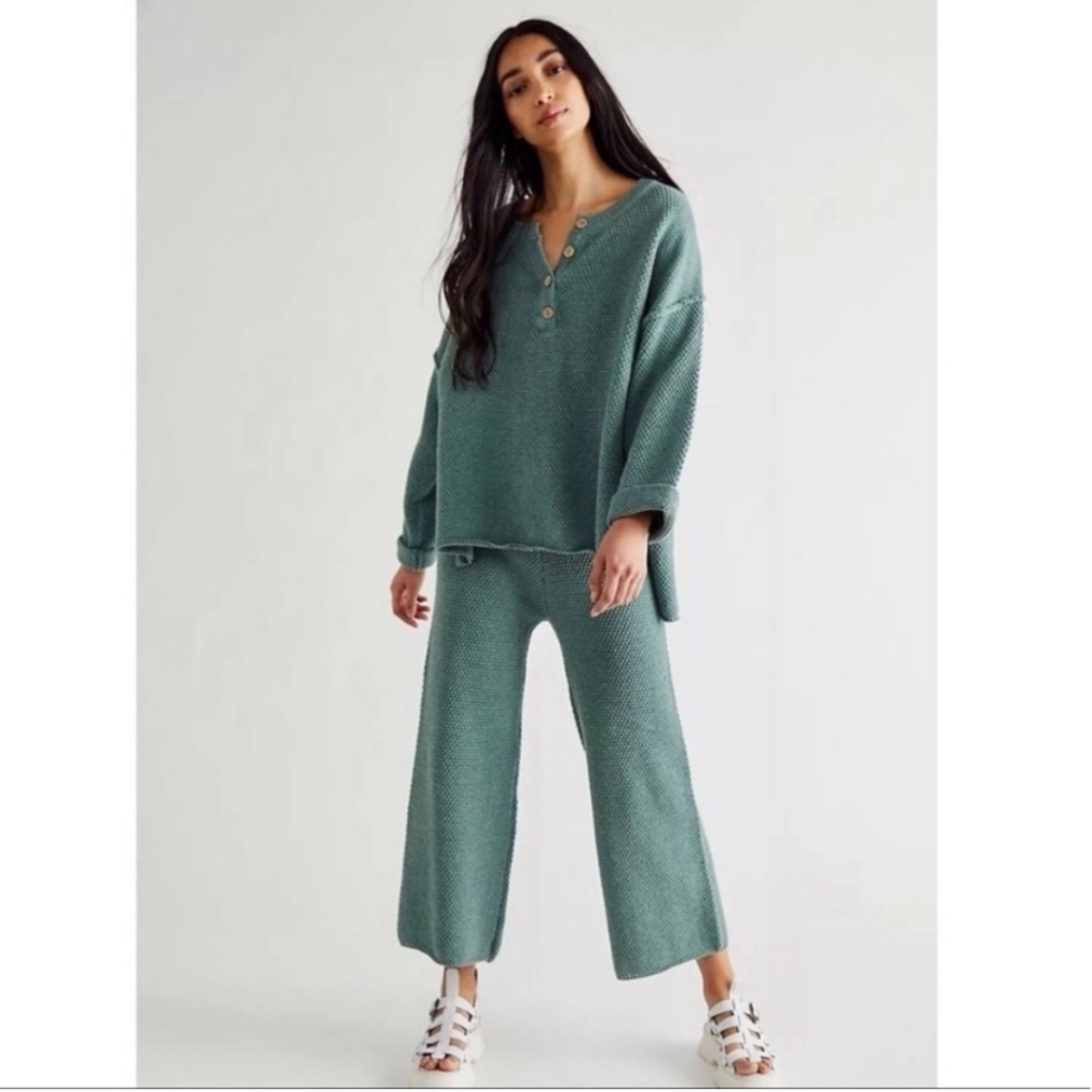 Free People Beach Hailee Waffle Knit Wide Leg Crop Pullover Matching Set